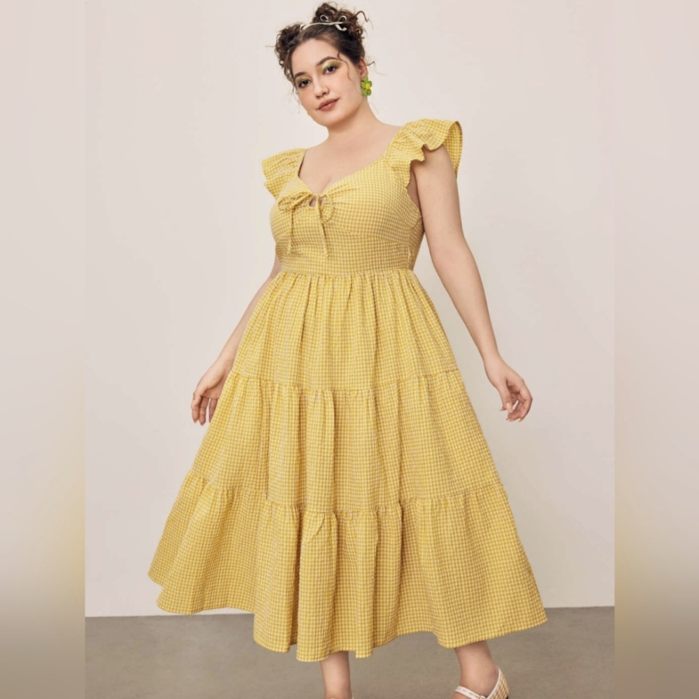 CIDER Woven Square Neck Check Ruffle Hem Midi Tiered Dress 1XL